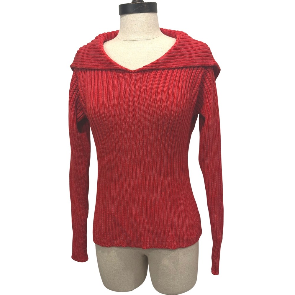 Linda Allard Ellen Tracy Red Wool Silk Ribbed Sweater Portrait Collar Petite S